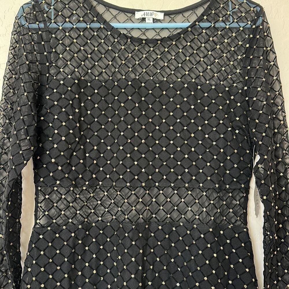 A.U.W. Black Sheer Long Sleeve Mesh Glitter Velvet Dress Fairy Whimsigoth Sz XL - Picture 6 of 15